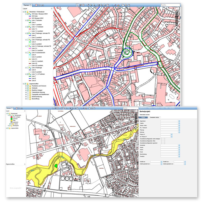 Streulinien für den Winterdienst und Flächendarstellung von städtischen Projekten in Coesfeld.